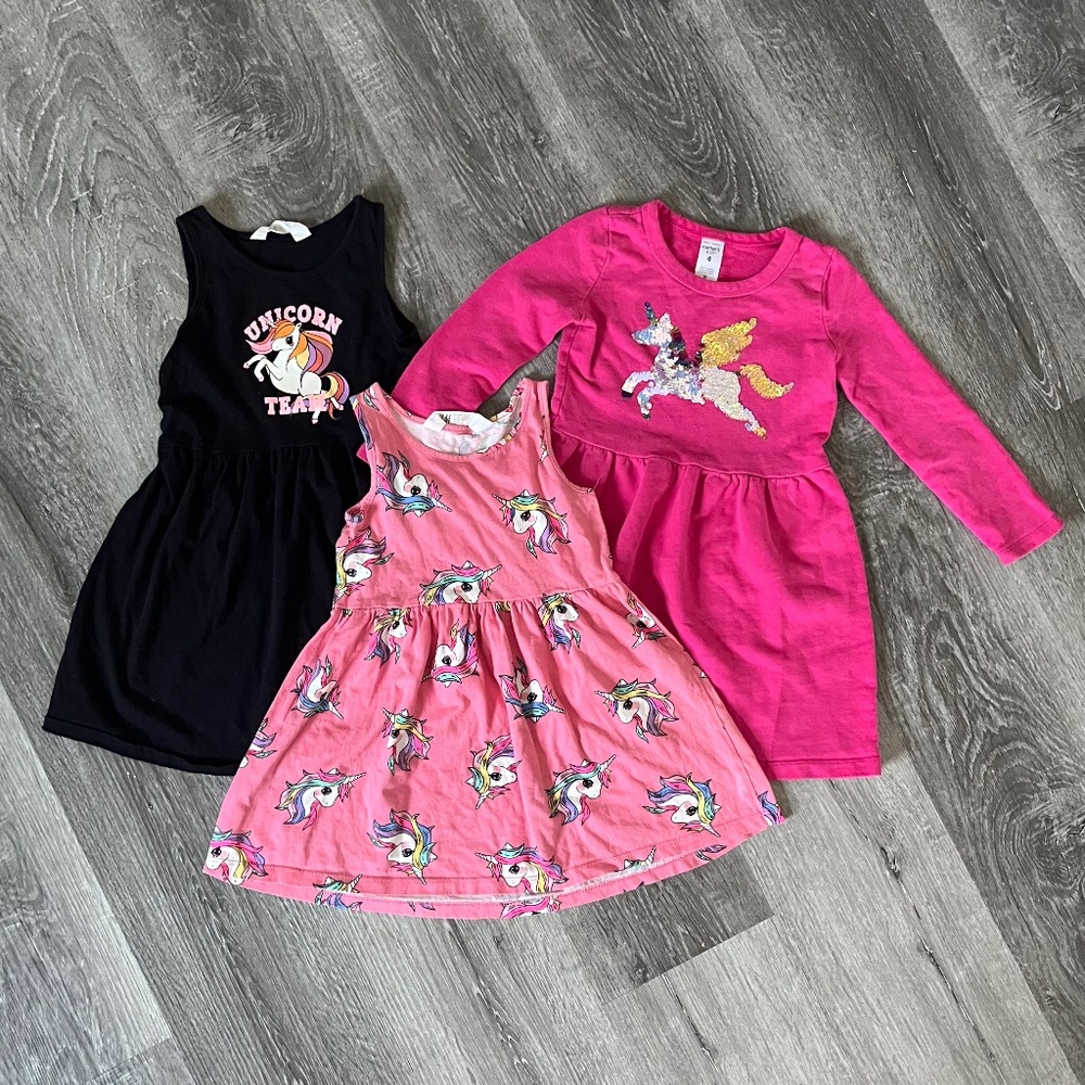 Lot of 3 toddler girl 3/4T Unicorn themed dresses